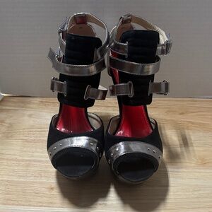 Bumper Black Suede & Silver Metallic Strappy High Heel Sandals with Red Insoles